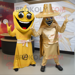 Gold Fajitas mascot costume character dressed with a Jumpsuit and Wraps
