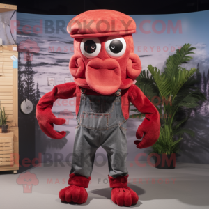 Red Kraken mascot costume character dressed with a Overalls and Caps