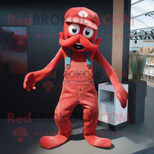 Red Kraken mascot costume character dressed with a Overalls and Caps