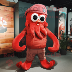 Red Kraken mascot costume character dressed with a Overalls and Caps