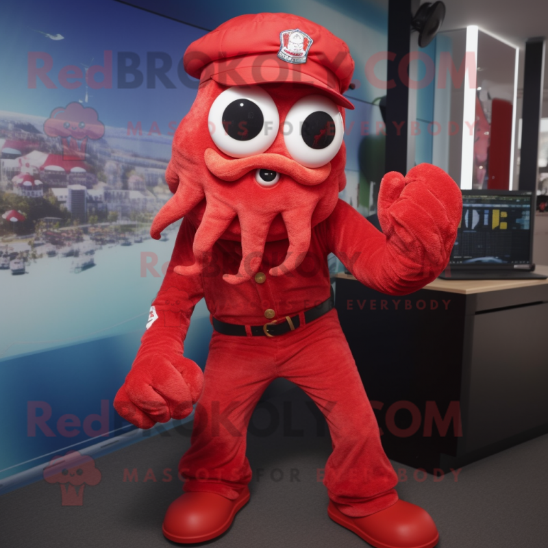 Red Kraken mascot costume character dressed with a Overalls and Caps