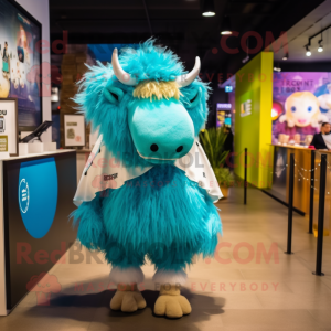 Cyan Bison mascot costume character dressed with a Mini Dress and Hairpins