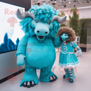 Cyan Bison mascot costume character dressed with a Mini Dress and Hairpins