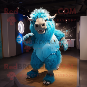 Cyan Bison mascot costume character dressed with a Mini Dress and Hairpins