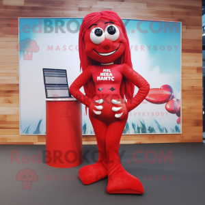 Red Mermaid mascot costume character dressed with a Leggings and Ties