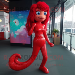 Red Mermaid mascot costume character dressed with a Leggings and Ties