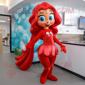 Red Mermaid mascot costume character dressed with a Leggings and Ties