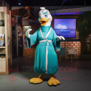 Turquoise Geese mascot costume character dressed with a Maxi Dress and Belts