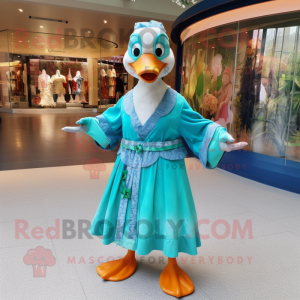 Turquoise Geese mascot costume character dressed with a Maxi Dress and Belts