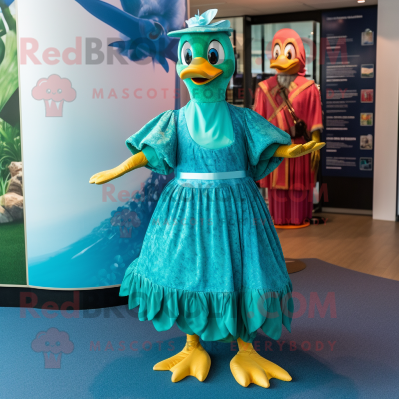 Turquoise Geese mascot costume character dressed with a Maxi Dress and Belts