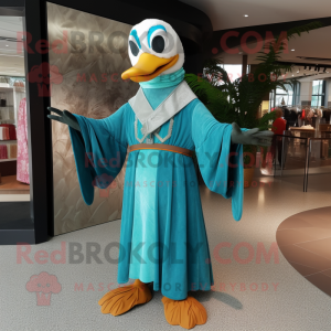 Turquoise Geese mascot costume character dressed with a Maxi Dress and Belts