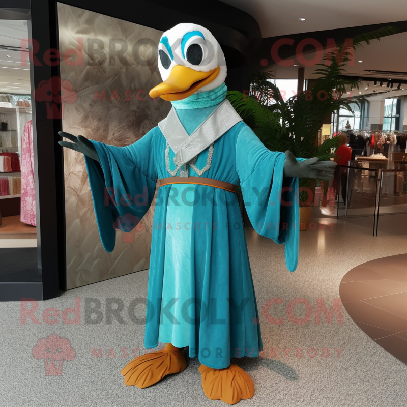 Turquoise Geese mascot costume character dressed with a Maxi Dress and Belts Turquoise Geese mascot costume character dressed with a Maxi Dress and Belts