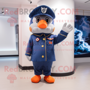 Navy Mandarin mascot costume character dressed with a Bomber Jacket and Caps
