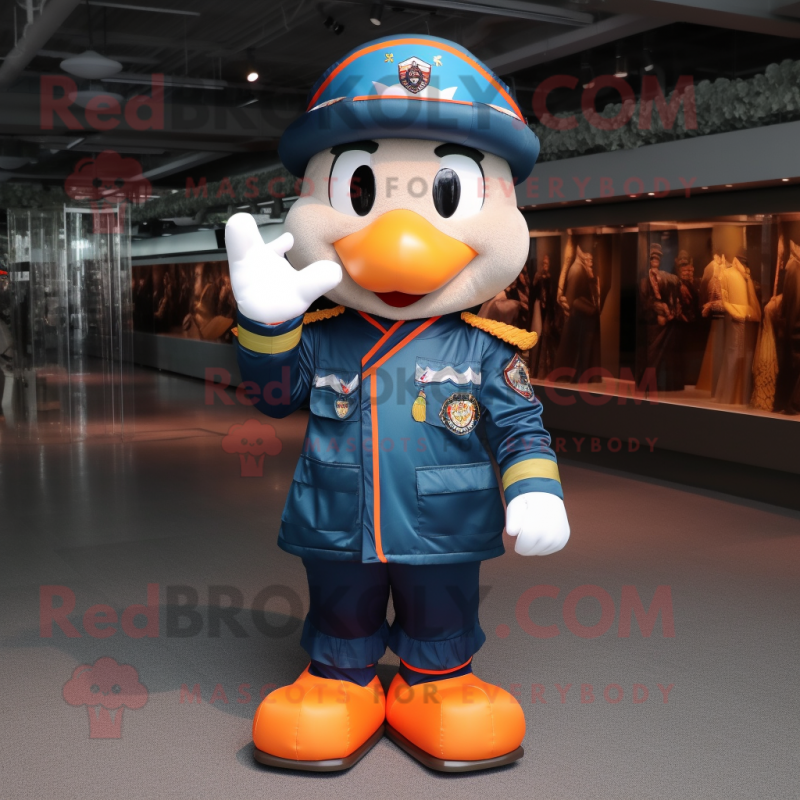 Navy Mandarin mascot costume character dressed with a Bomber Jacket and Caps