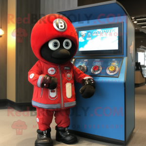 Red Gumball Machine mascot costume character dressed with a Moto Jacket and Watches