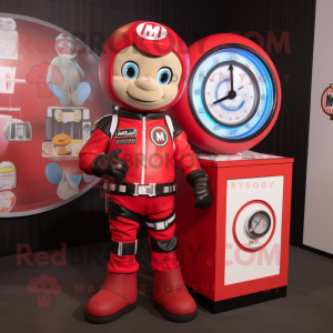 Red Gumball Machine mascot costume character dressed with a Moto Jacket and Watches