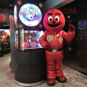 Red Gumball Machine mascot costume character dressed with a Moto Jacket and Watches