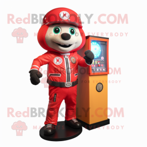 Red Gumball Machine mascot costume character dressed with a Moto Jacket and Watches