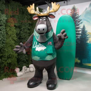 Forest Green Moose mascot costume character dressed with a Board Shorts and Mittens