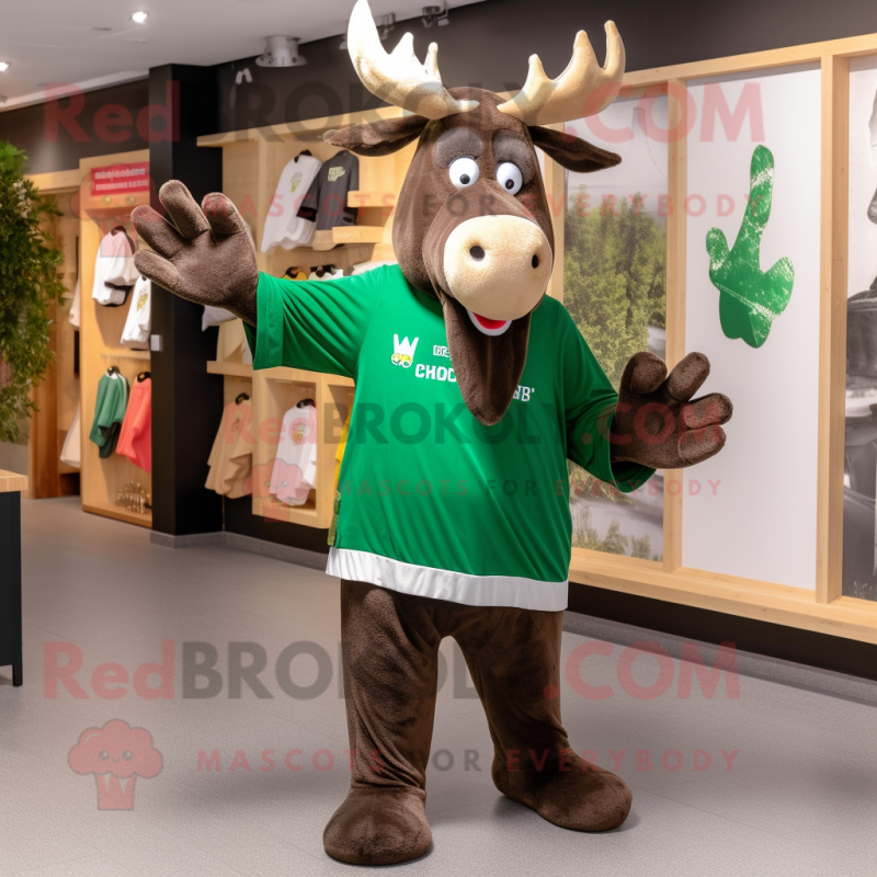Forest Green Moose mascot costume character dressed with a Board Shorts and Mittens Forest Green Moose mascot costume character dressed with a Board Shorts and Mittens