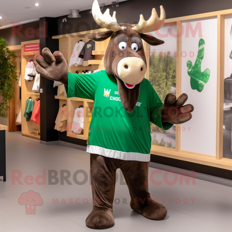 Forest Green Moose mascot costume character dressed with a Board Shorts and Mittens