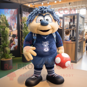 Navy Rugby Ball mascot costume character dressed with a Denim Shorts and Hairpins