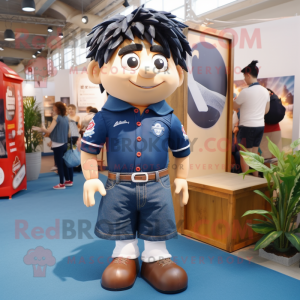Navy Rugby Ball mascot costume character dressed with a Denim Shorts and Hairpins