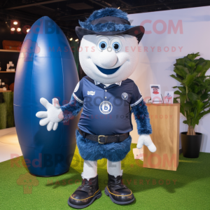 Navy Rugby Ball mascot costume character dressed with a Denim Shorts and Hairpins