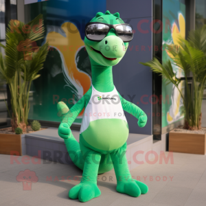 Forest Green Diplodocus mascot costume character dressed with a Running Shorts and Sunglasses