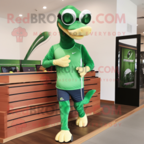 Forest Green Diplodocus mascot costume character dressed with a Running Shorts and Sunglasses