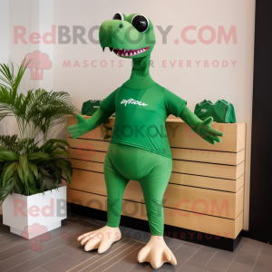 Forest Green Diplodocus mascot costume character dressed with a Running Shorts and Sunglasses