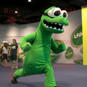 Forest Green Diplodocus mascot costume character dressed with a Running Shorts and Sunglasses