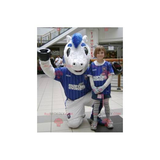 Hvid og blå pony maskot i sportstøj - Redbrokoly.com