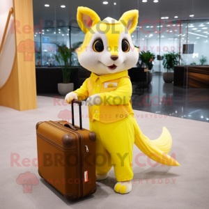 Lemon Yellow Flying Squirrel mascot costume character dressed with a Maxi Skirt and Briefcases