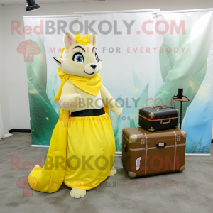 Lemon Yellow Flying Squirrel mascot costume character dressed with a Maxi Skirt and Briefcases