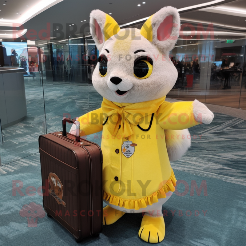 Lemon Yellow Flying Squirrel mascot costume character dressed with a Maxi Skirt and Briefcases