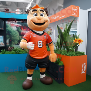 Orange Pho mascot costume character dressed with a Rugby Shirt and Watches