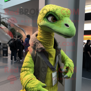 Lime Green Velociraptor mascot costume character dressed with a Jacket and Scarf clips