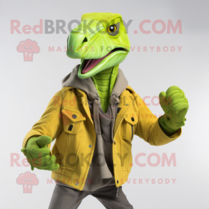 Lime Green Velociraptor mascot costume character dressed with a Jacket and Scarf clips