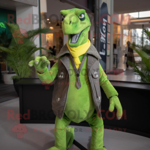 Lime Green Velociraptor mascot costume character dressed with a Jacket and Scarf clips