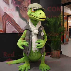 Lime Green Velociraptor mascot costume character dressed with a Jacket and Scarf clips