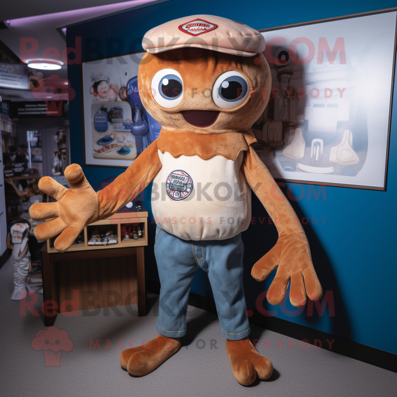 Brown Octopus mascot costume character dressed with a Mom Jeans and Beanies Brown Octopus mascot costume character dressed with a Mom Jeans and Beanies
