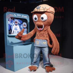 Brown Octopus mascot costume character dressed with a Mom Jeans and Beanies
