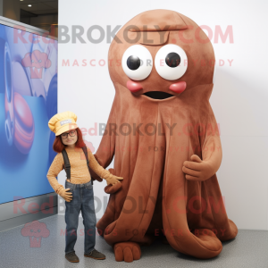 Brown Octopus mascot costume character dressed with a Mom Jeans and Beanies