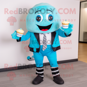 Cyan Cupcake mascot costume character dressed with a Blazer and Foot pads