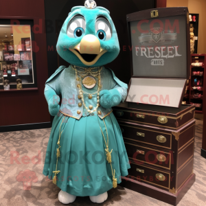 Teal Treasure Chest mascot costume character dressed with a Empire Waist Dress and Keychains