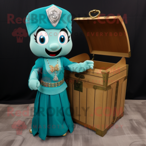 Teal Treasure Chest mascot costume character dressed with a Empire Waist Dress and Keychains