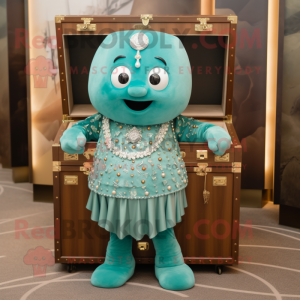 Teal Treasure Chest mascot costume character dressed with a Empire Waist Dress and Keychains