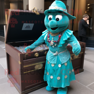Teal Treasure Chest mascot costume character dressed with a Empire Waist Dress and Keychains