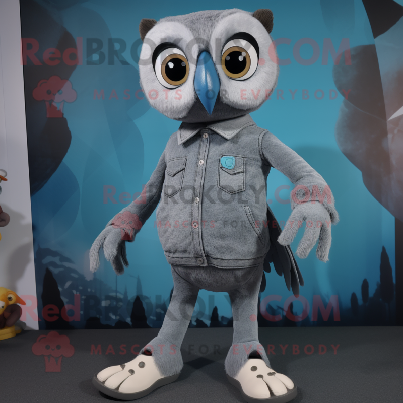 Gray Owl mascot costume character dressed with a Bootcut Jeans and Foot pads Gray Owl mascot costume character dressed with a Bootcut Jeans and Foot pads